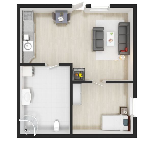 3D tegning av planløsningen til leilighet på 22 kvadratmeter 